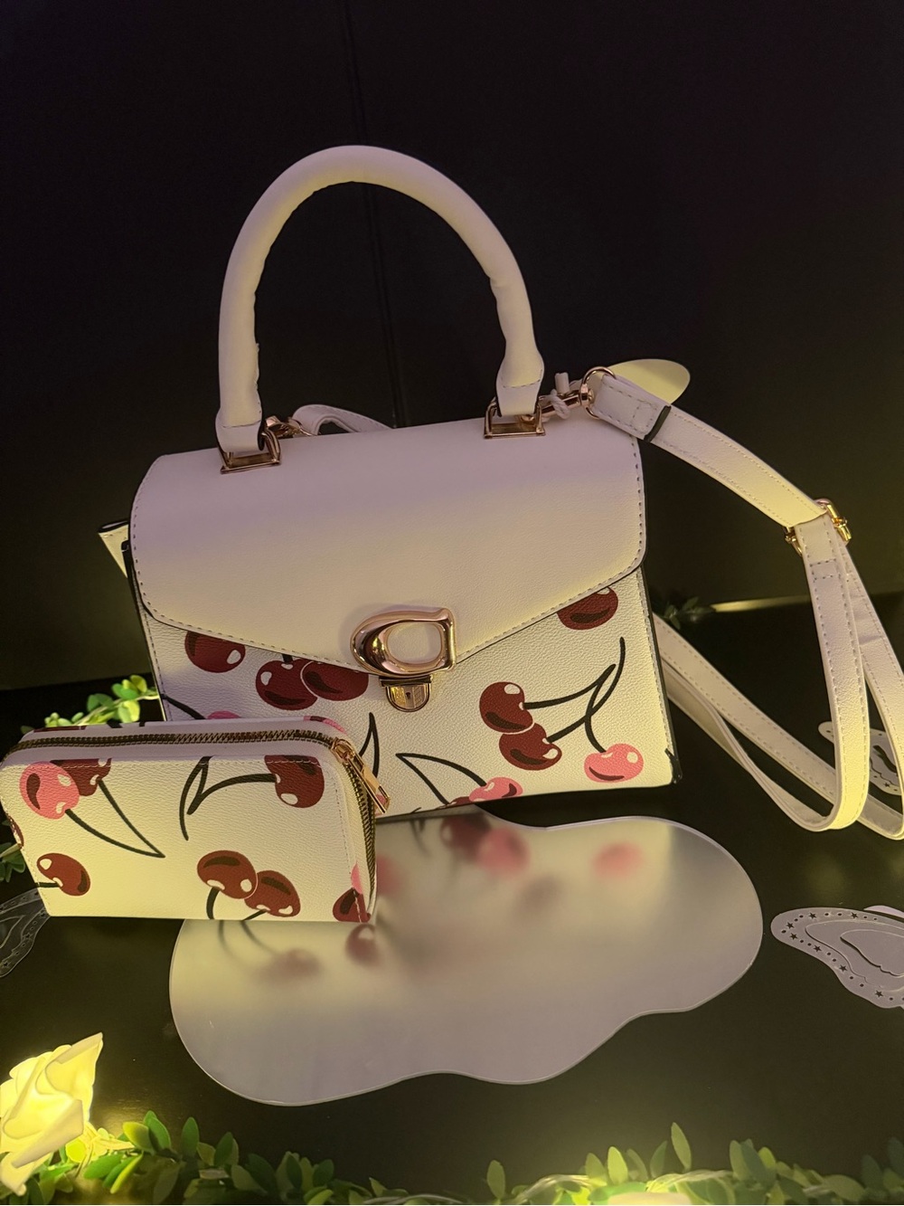 White Cherry Print Top-Handle Satchel with Wallet